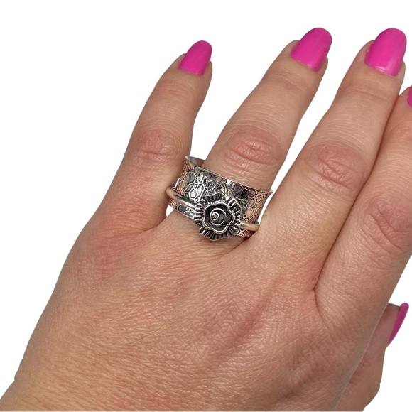 Rose Flower Spinner Meditation Band Ring Size 12 Sterling Silver 925 Overlay - Picture 3 of 6